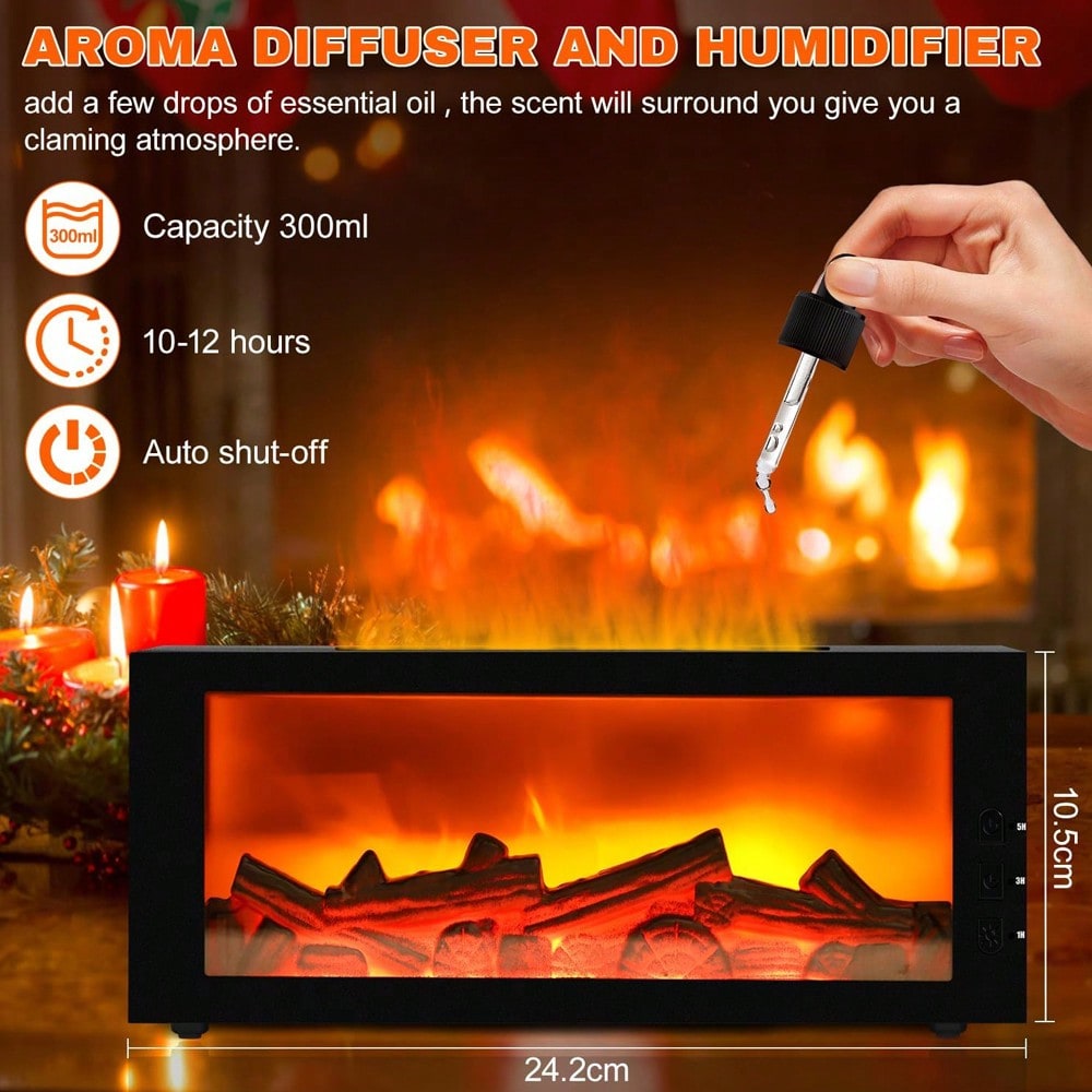 300ml Fireplace Aroma Diffuser 7 Colorful Flame Fire Humidifier W/h Essential Oil, Remote, Timer and Auto Off