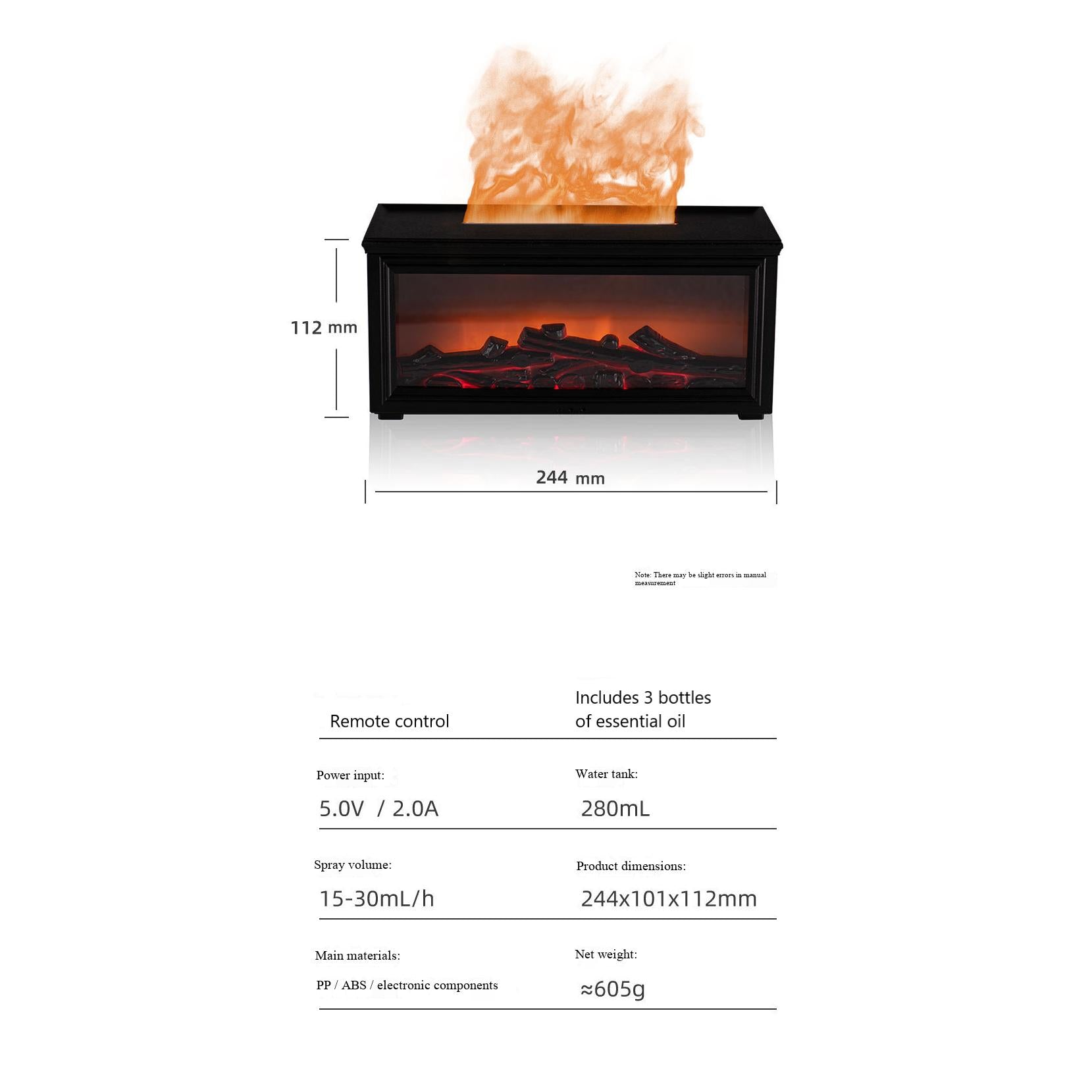 300ml Fireplace Aroma Diffuser 7 Colorful Flame Fire Humidifier W/h Essential Oil, Remote, Timer and Auto Off