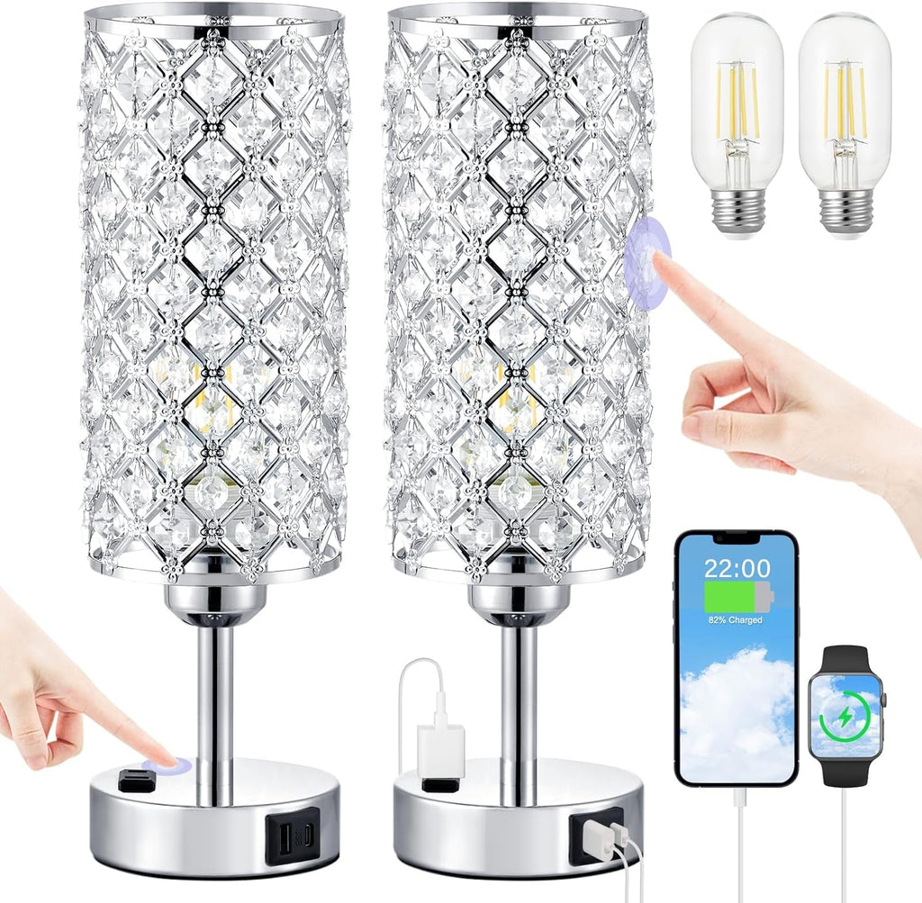 Crystal Diamond Nightstand Lamps Set Silvery Finish