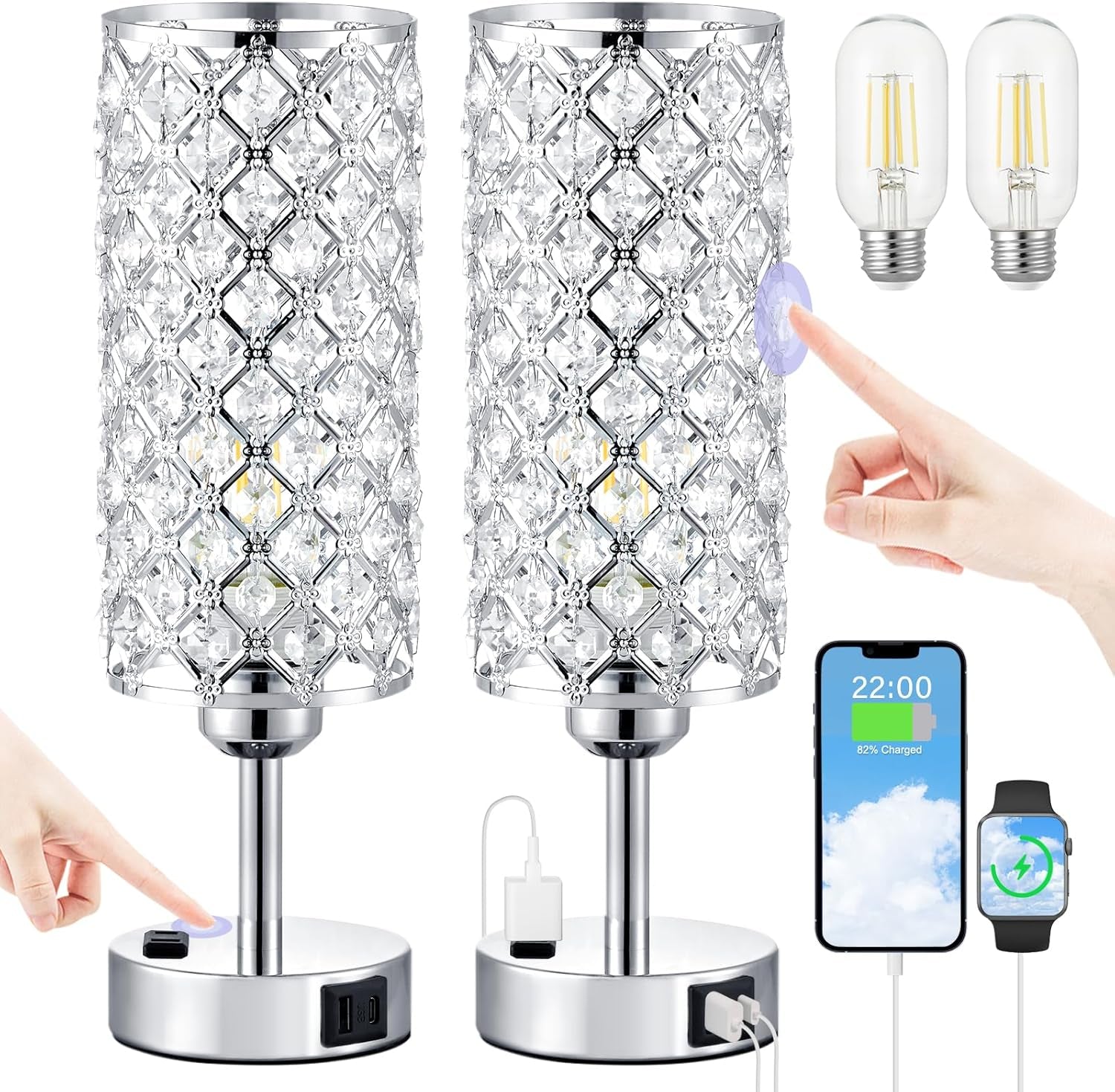 Crystal Diamond Nightstand Lamps Set Silvery Finish