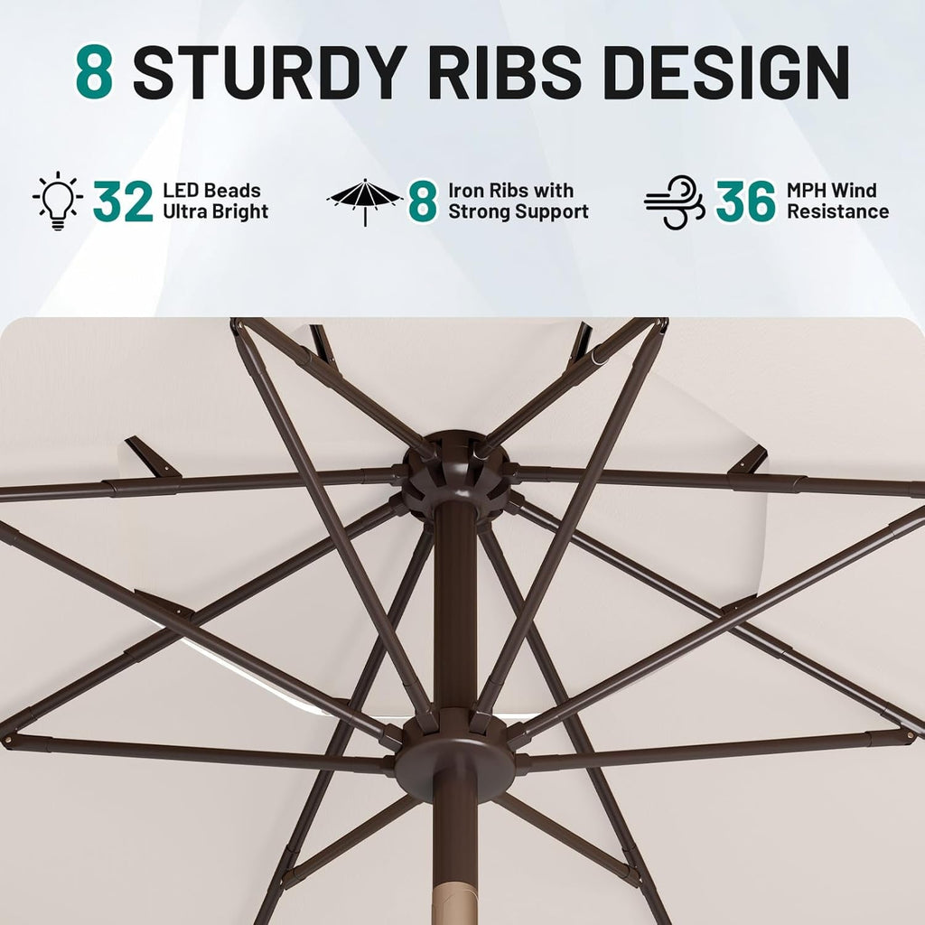 Nine Foot All Weather Patio Umbrella With Solar Lights