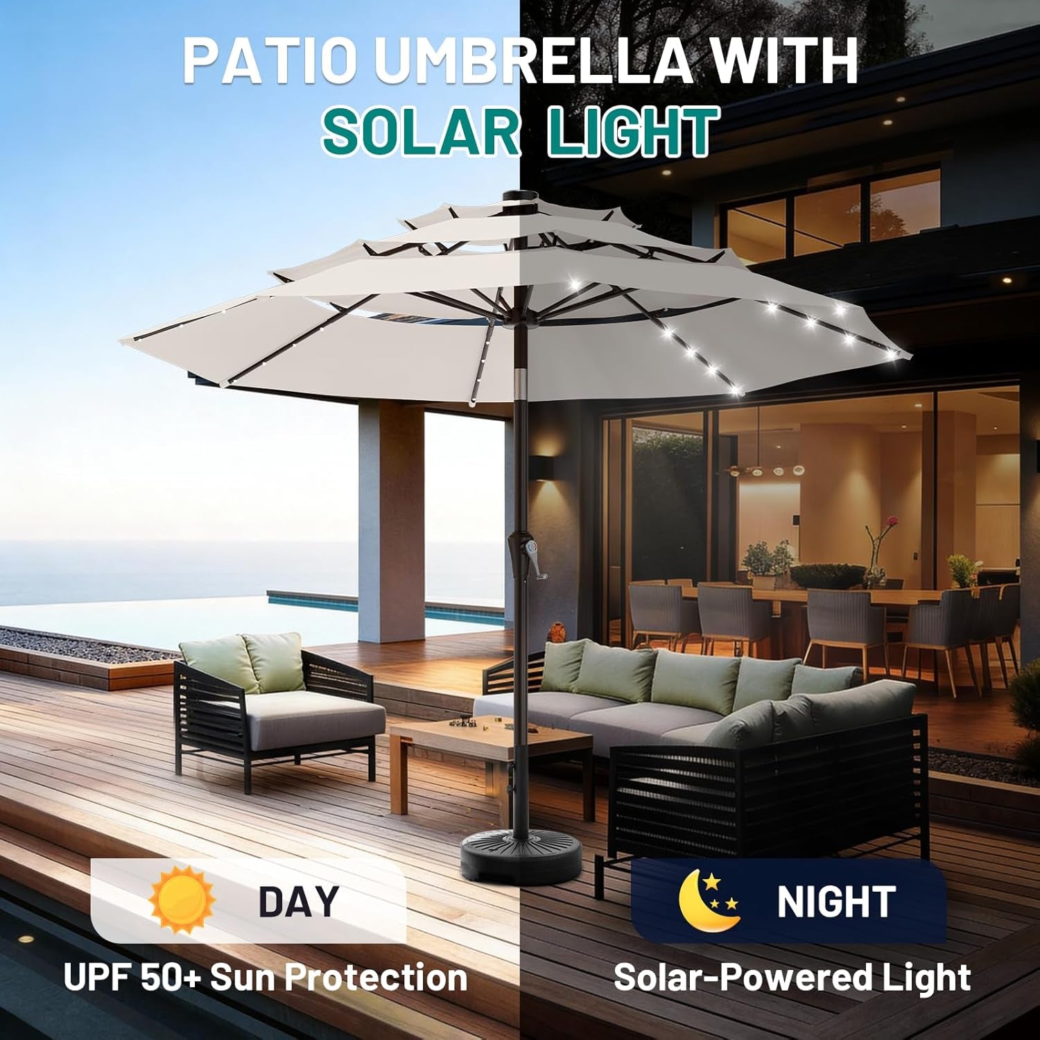 Nine Foot All Weather Patio Umbrella With Solar Lights