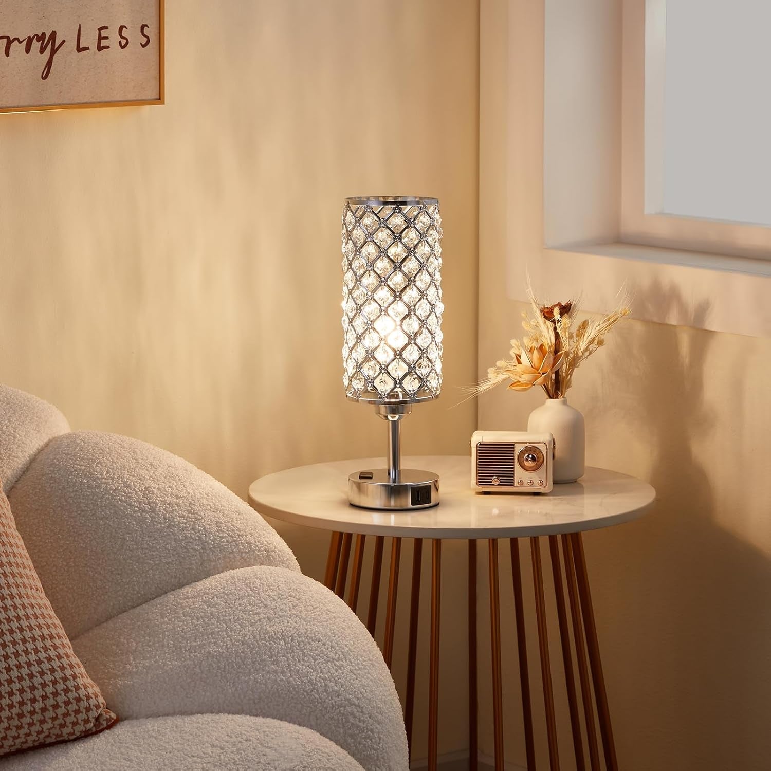 Crystal Diamond Nightstand Lamps Set Silvery Finish