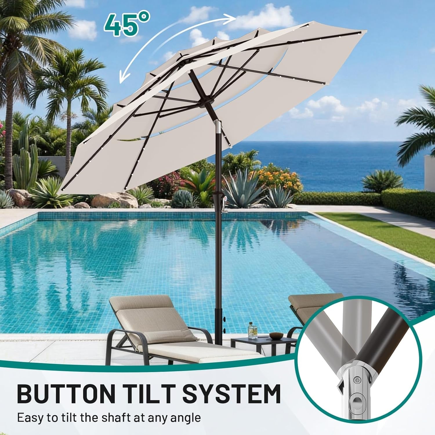 Nine Foot All Weather Patio Umbrella With Solar Lights